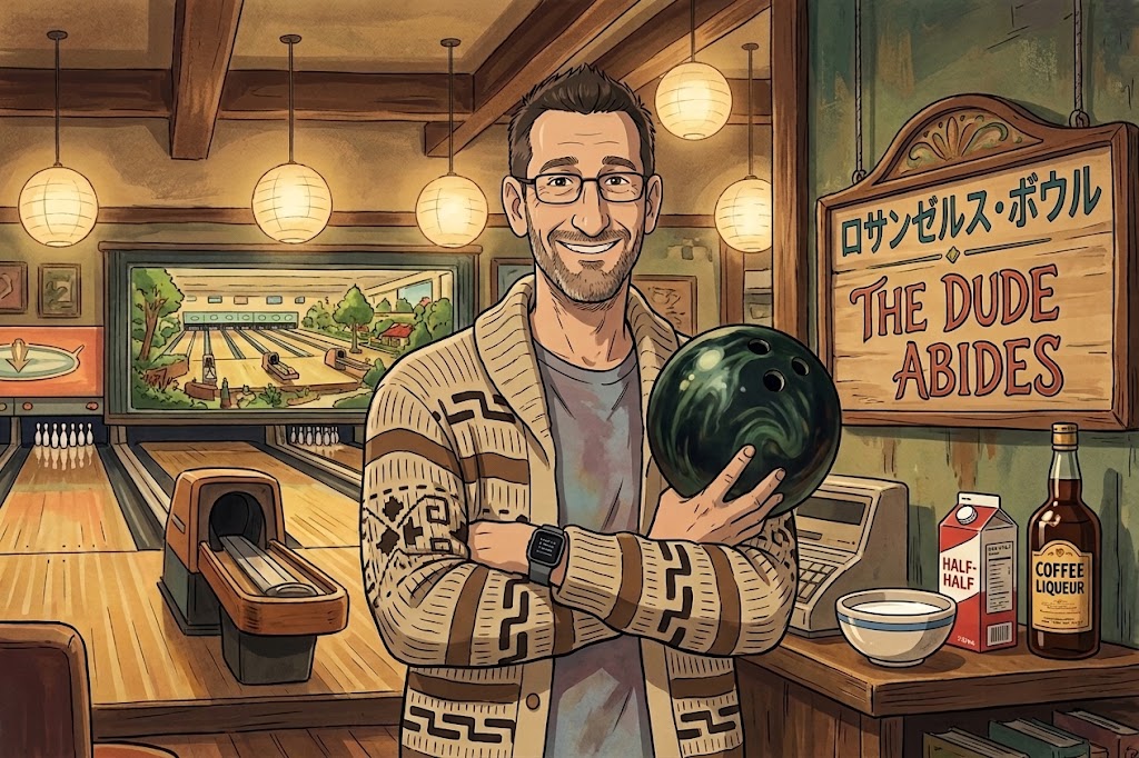 Illustrated portrait of Dudi in a bowling alley, cardigan on, bowling ball in hand, beside a wooden sign reading 'The Dude Abides'